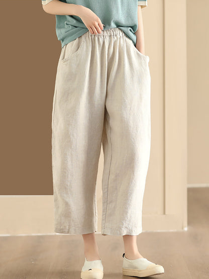 Women Summer Vintage Solid Linen Wide-leg Pants AA1017