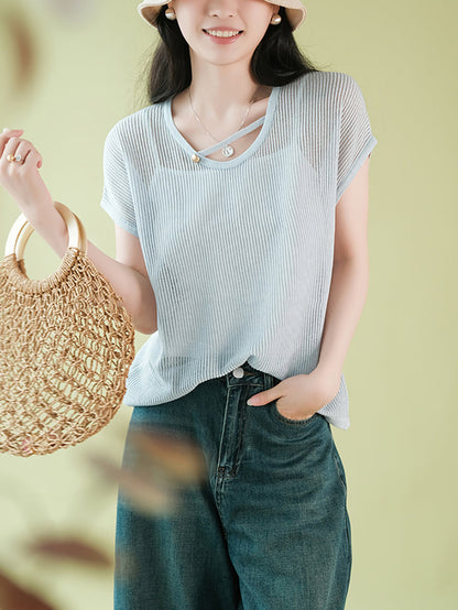 Women Summer Artsy O-Neck Solid Thin Shirt CX036