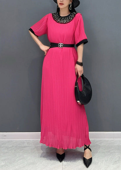 Style Red O-Neck Wrinkled Long Dress Short Sleeve AO1023