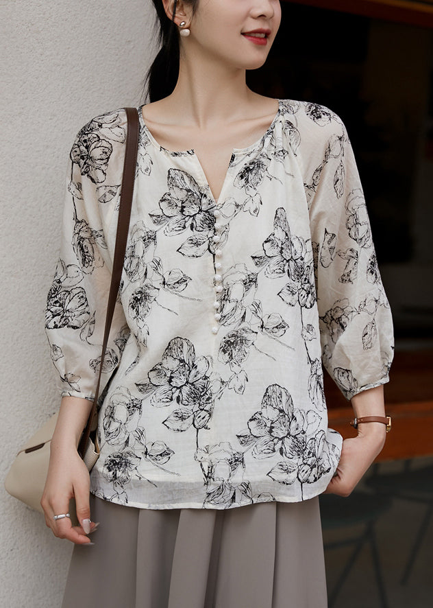 Chemises blanches surdimensionnées style bohème, manches et bracelet en coton imprimé 