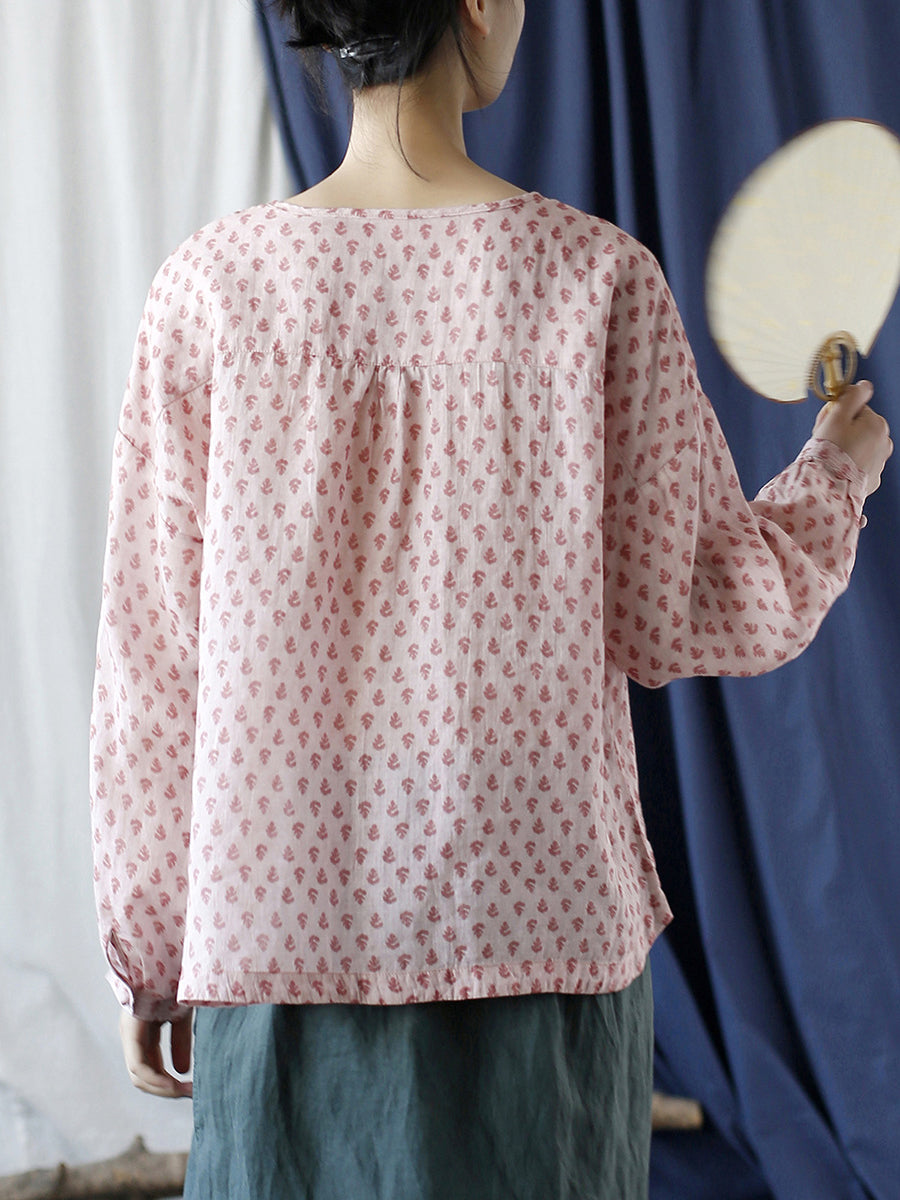 Women Vintage Floral Spring Ramie Button-up Shirt AA1004