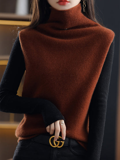 Women Casual Wool Turtleneck Soft Knit Vest QU025