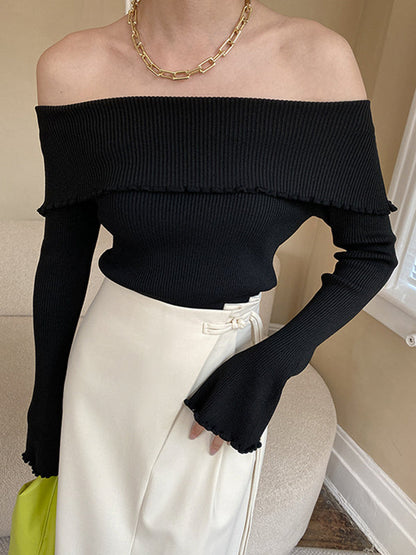 French Black Off-shoulder Long Sleeve Knit Top AN1069