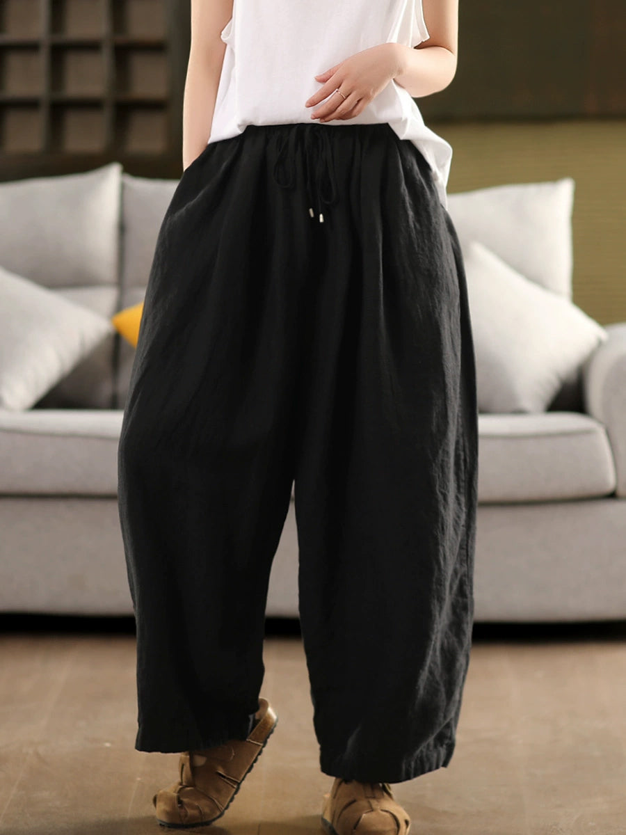 Pants Women Casual Summer Color 100%Linen Pure Wide-leg
