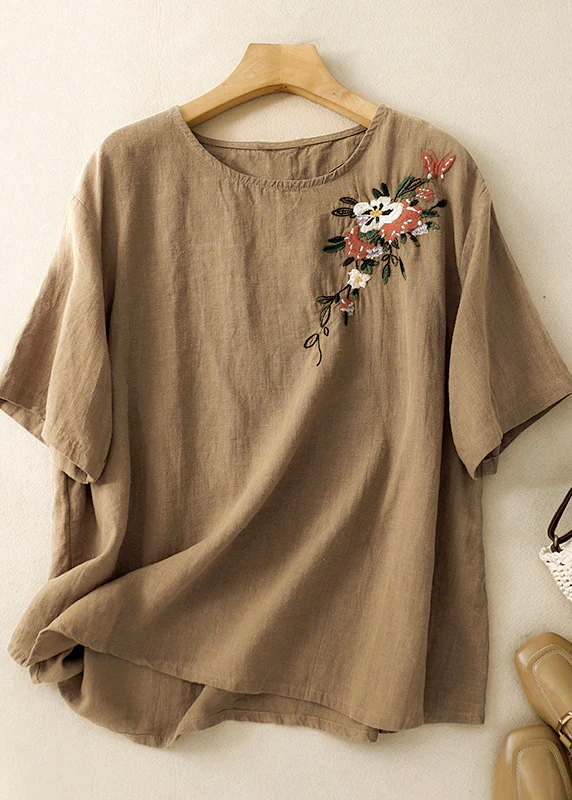 T-shirt en lin brodé à col rond Grace Khaki Été QR018