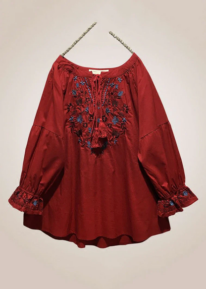 Grace Red Embroidered Lace Up Cotton Shirt Long Sleeve QR025