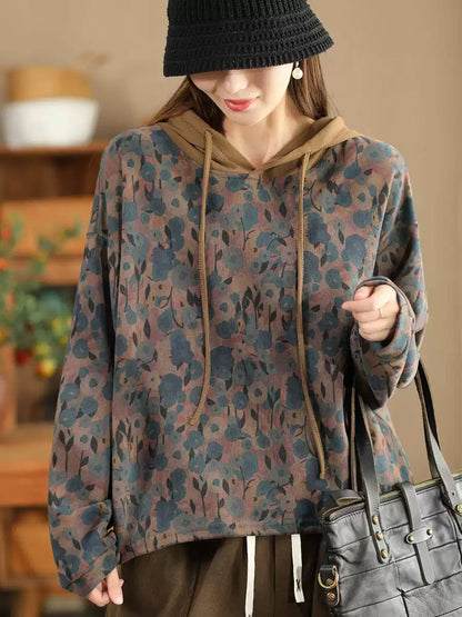 Women Casual Autumn Flower Hooded Cotton Sweatshirt WG021