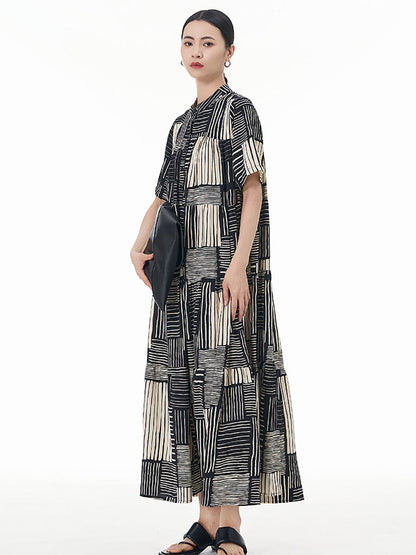 Women Summer Artsy O-Neck Stripe Loose Tiered Dress CC020