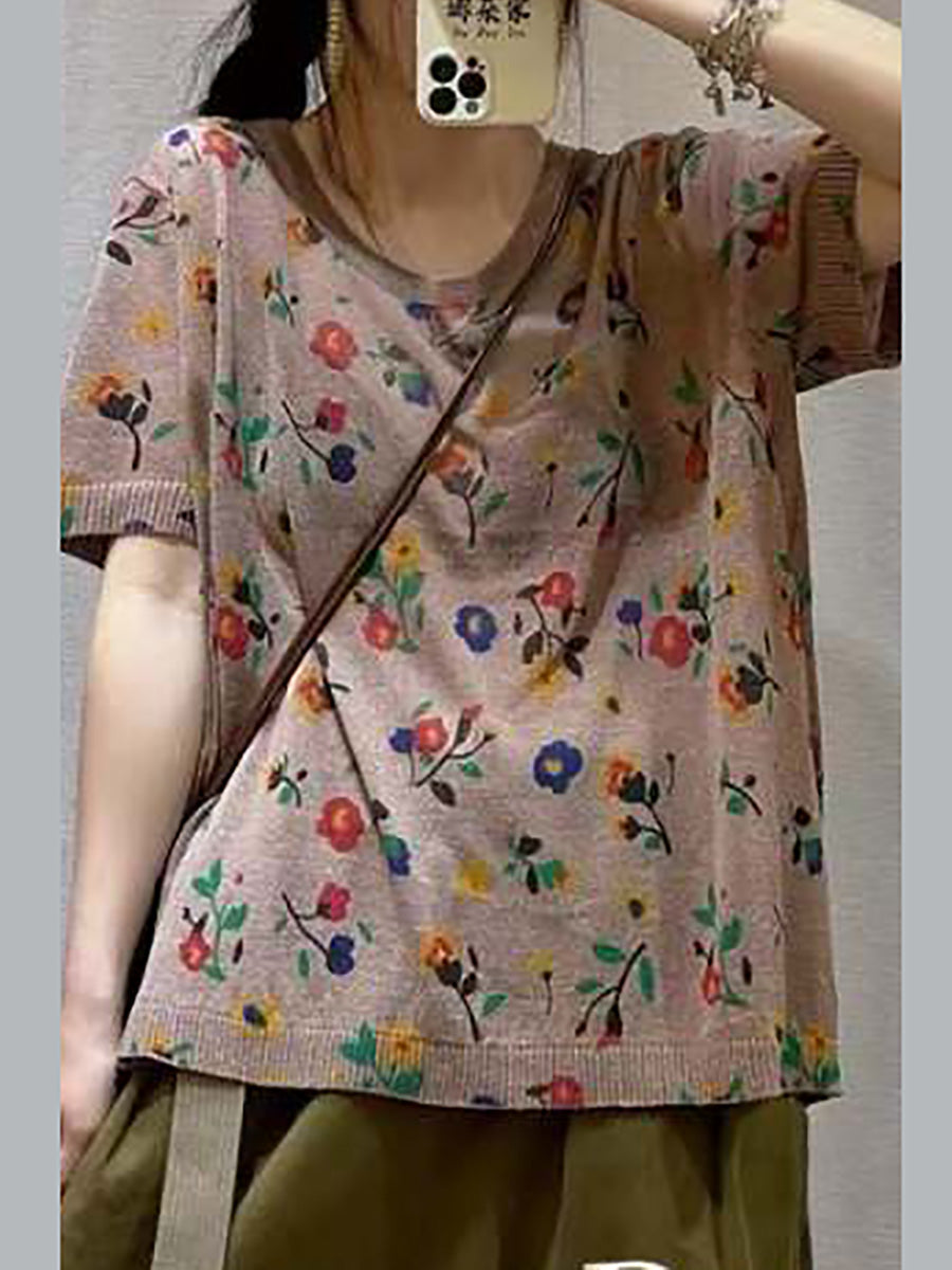 Women Casual Flower Summer Loose Pullover Shirt QW1027