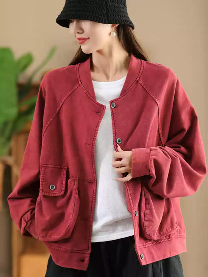 Women Retro Pure Color Stand Collar Pocket Cotton Coat AX1008