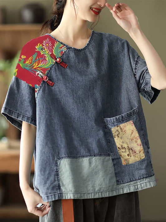Plus Size Women Summer Vintage Spliced Denim Shirt SC1031
