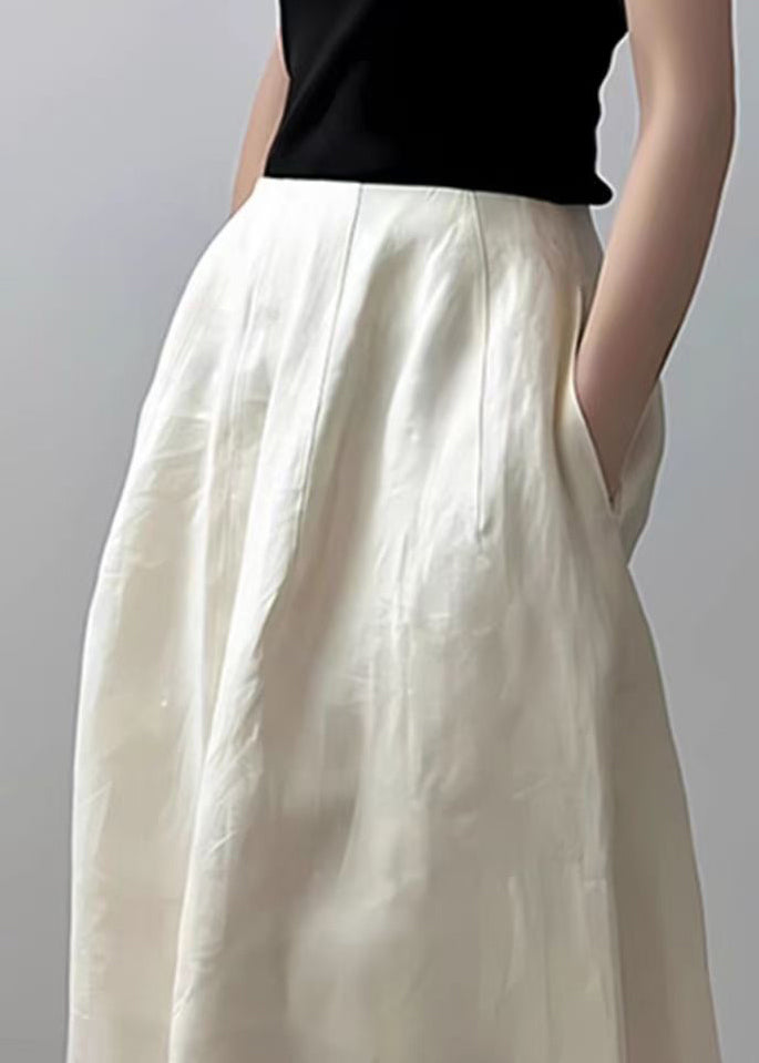 Cotton Beige Solid Pockets High Skirts Summer Waist New