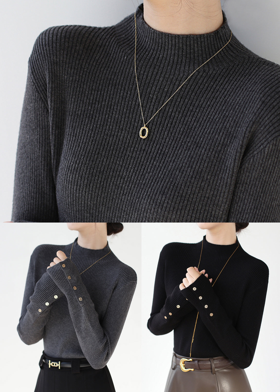 Black Slim Fit Patchwork Knit Sweaters Hign Neck Winter RV025