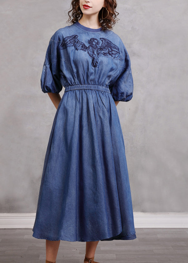 Vintage Blue Embroidered Elastic Waist Long Denim Dress Lantern Sleeve NN024