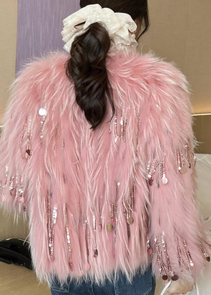 Cute Pink O-Neck Tassel Leather And Fur Coats Winter WV032