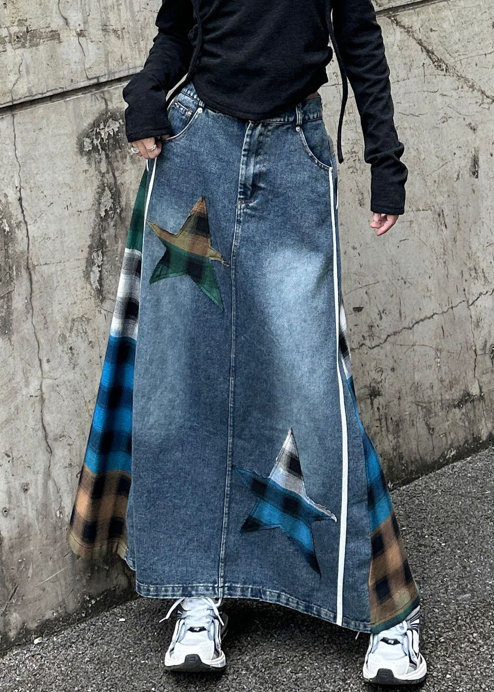 Hohe Lose Taille Plaid Patchwork Frühling Blau Rock Denim 