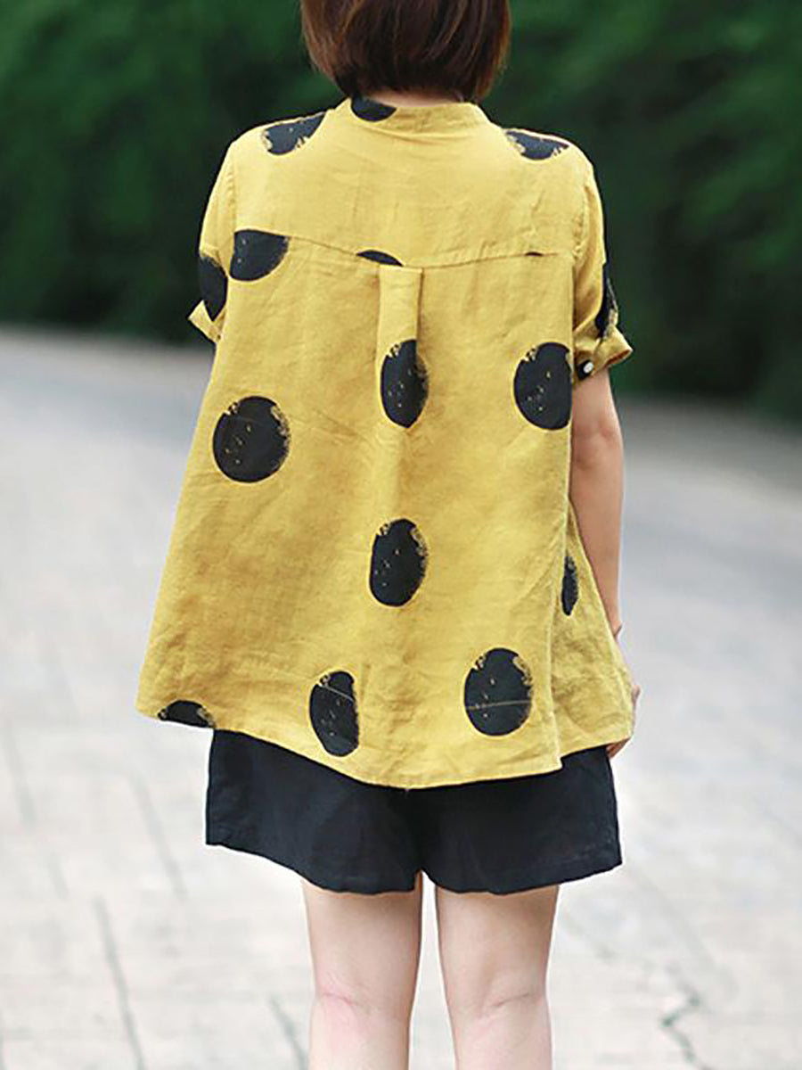 Dot Collar Stand Linen Polka Plus Cotton Size Shirt