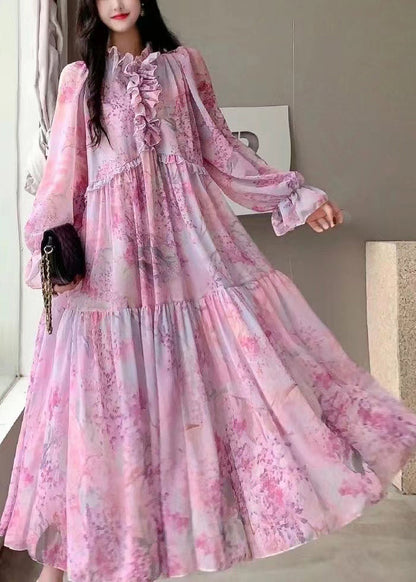 Fantasy Purple Print Patchwork Ruffled Long Sleeve Dress AZ1005