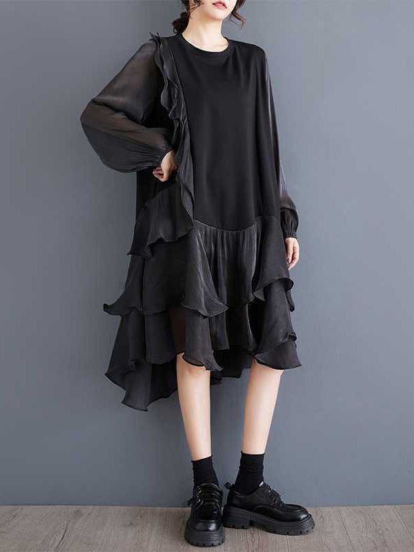 Schickes schwarzes Patchwork-Kleid mit Rundhalsausschnitt, kontrastfarbenem Rüschenbesatz und High-Low-Langarm TW019 