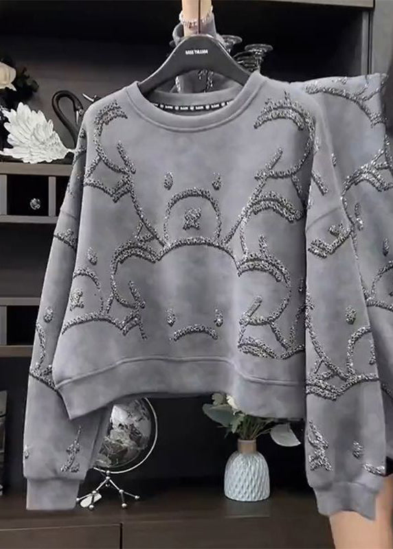 Fashion Grey O-Neck Sequins Sweatshirt Fall WD035