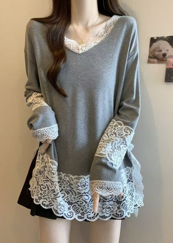 T-shirt gris français à col en V et dentelle patchwork en coton, printemps TW011