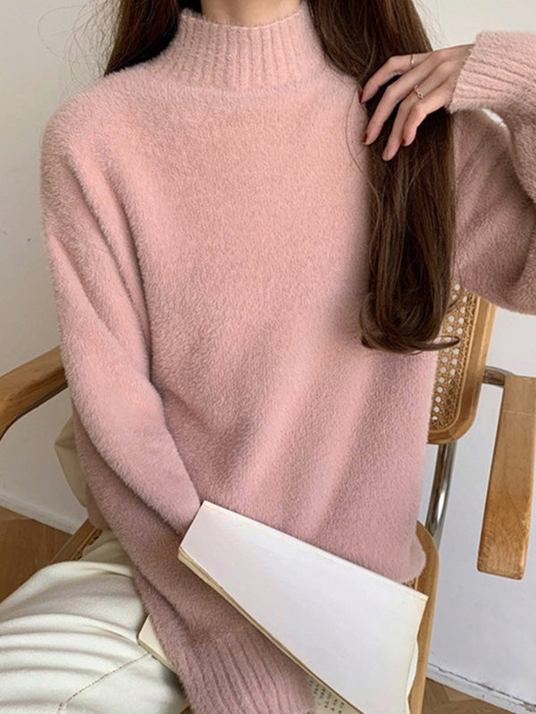 Warm Pink Mock Neck Long Sleeve Mink Sweater QX005