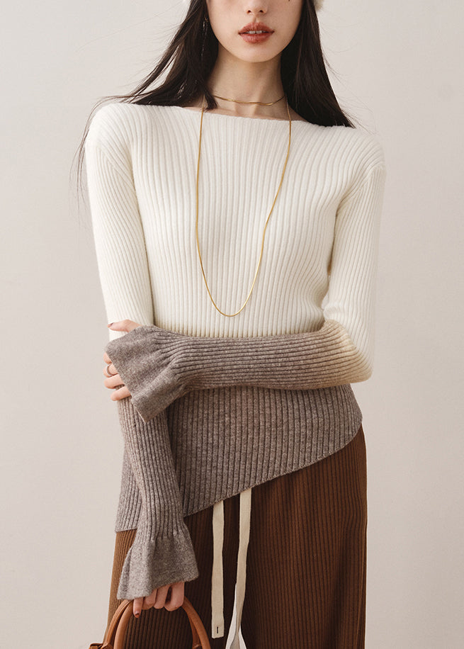 Elegant White Gradient Slash Neck Slim Knit Sweaters Fall WS018