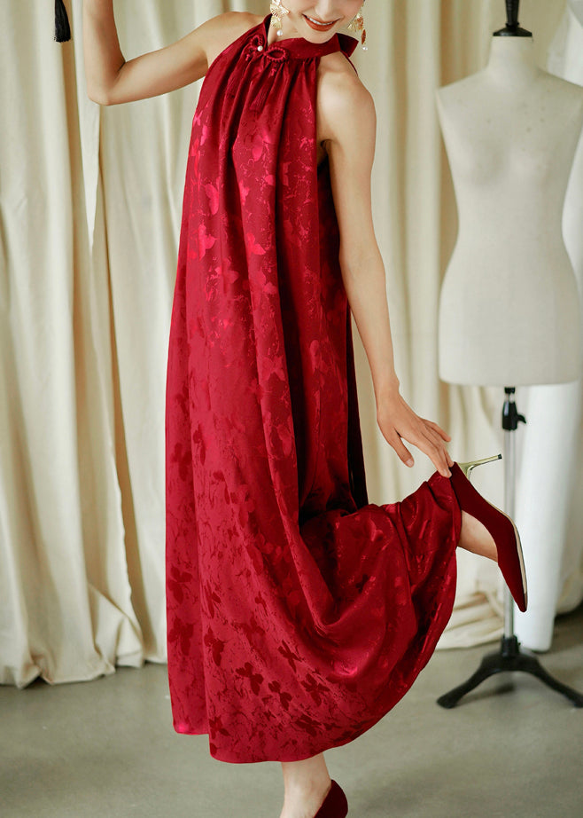Cotton Sleeveless Jacquard Bow Maxi Red Loose Dresses