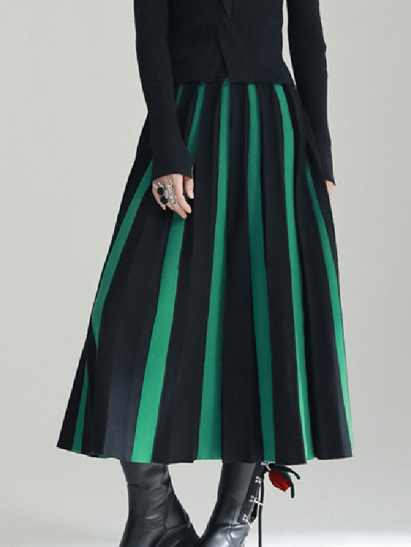 A-line Pleated Retro Skirt Knit Contrast White Color