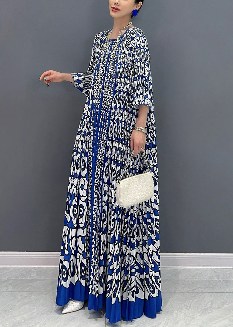 French Blue O Neck Print Wrinkled Long Dress Bracelet Sleeve AO1004