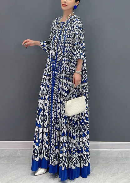 French Blue O Neck Print Wrinkled Long Dress Bracelet Sleeve AO1004