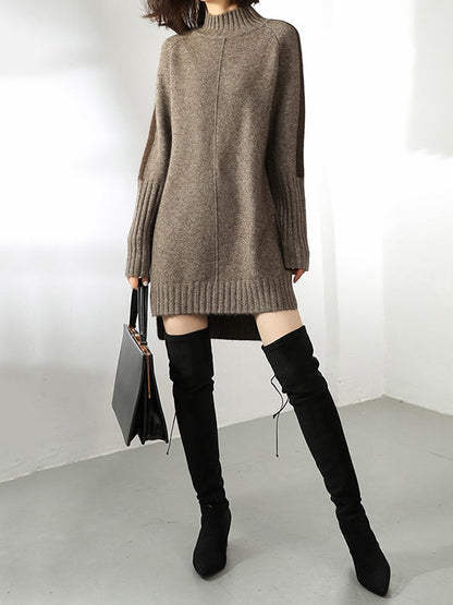 Urban Camel Half Turtleneck Contrast Color Long Sleeve Knit Sweater Dress AN1068