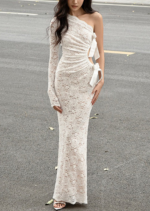 Out Dress Maxi Hollow White Chic Asymmetrical Lace Spring