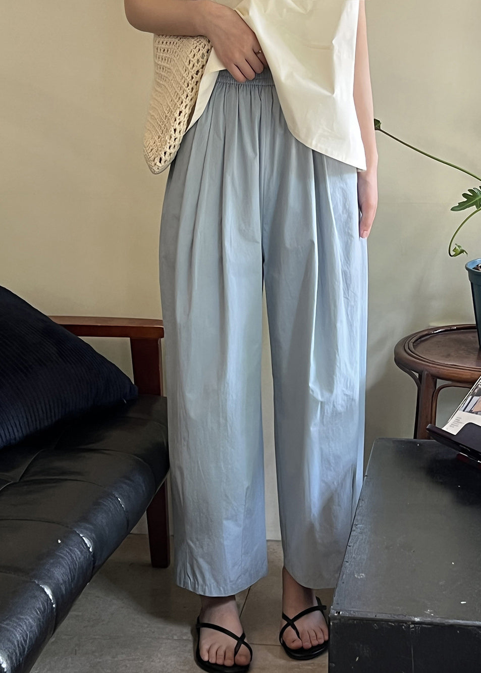 Blue Summer Solid Pants Loose Cotton Elastic Crop Waist