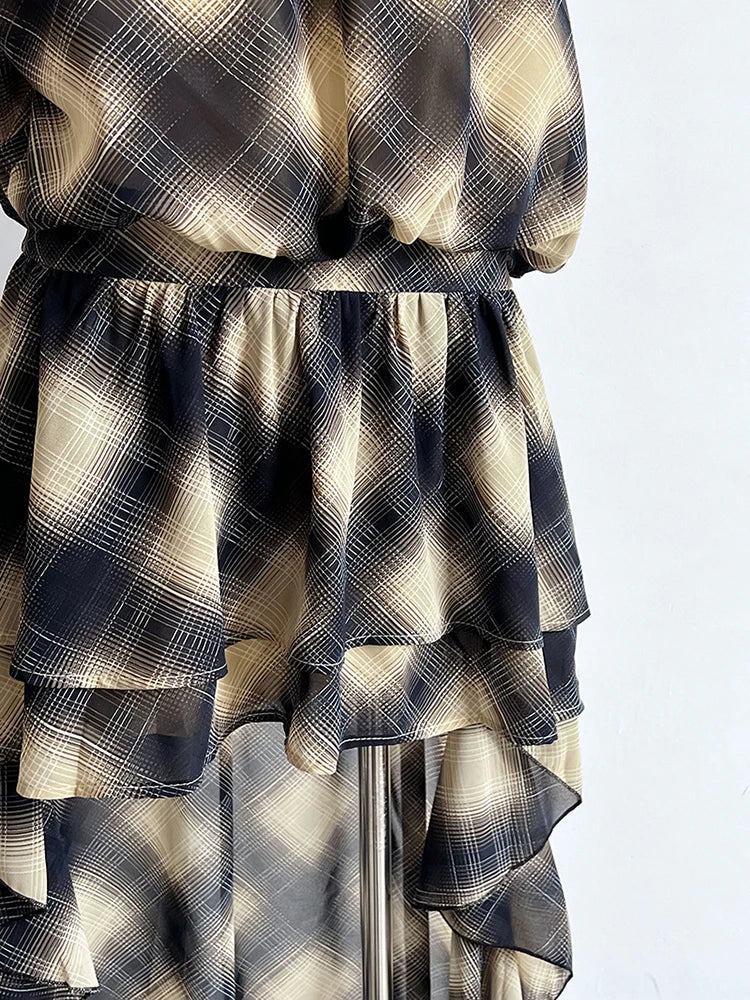 Asymmetrisches Khaki Plaid Neck Sleeveless Top High-Low Uniaue Halter 