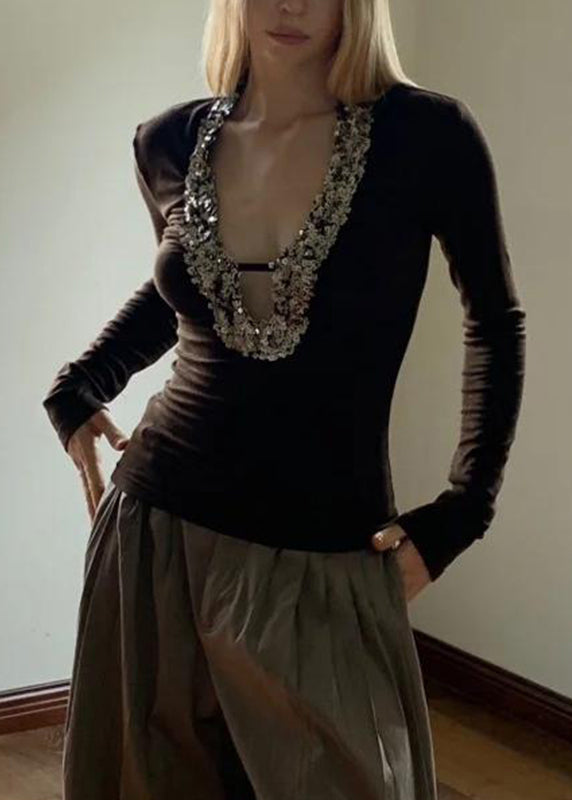 Haut bohème à col en U et paillettes en soie 