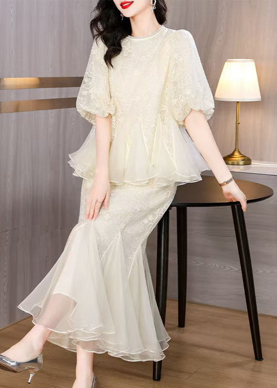 Embroidered Silk Chic And Fishtail Two Skirt Tops Beige Pieces