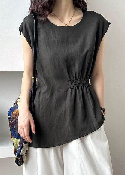 Dark Gray Side Open Cotton Top O Neck Sleeveless AF1026