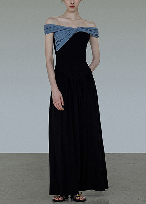 Dress Long Black Patchwork Slash Wrinkled Neck Original Cotton