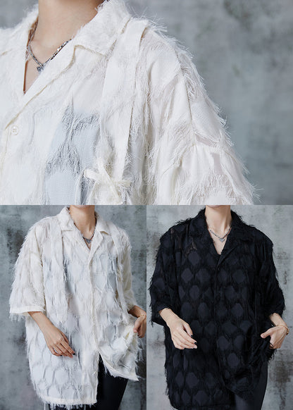 Beige Loose Cotton Shirts Tasseled Summer QA1015