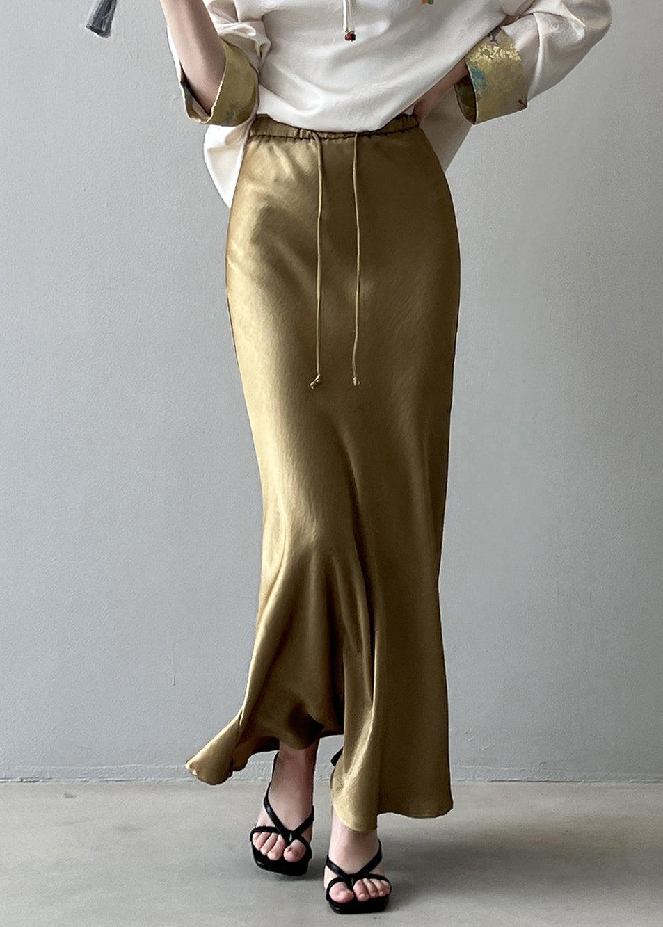 Boutique Gold Drawstring High Waist Draping Silk Skirts Fall QC023