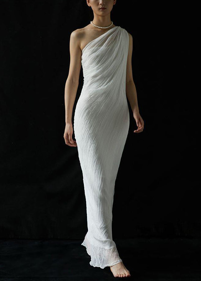 Wrinkled Solid Shoulder Dress Silk Cold Maxi Summer Art White