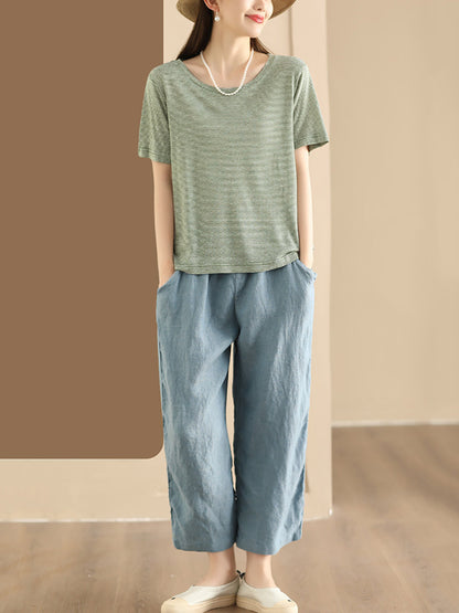 Women Summer Vintage Solid Linen Wide-leg Pants AA1017