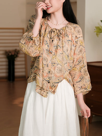 Women Summer Vintage Flower Button-Up Ramie Shirt RR1013