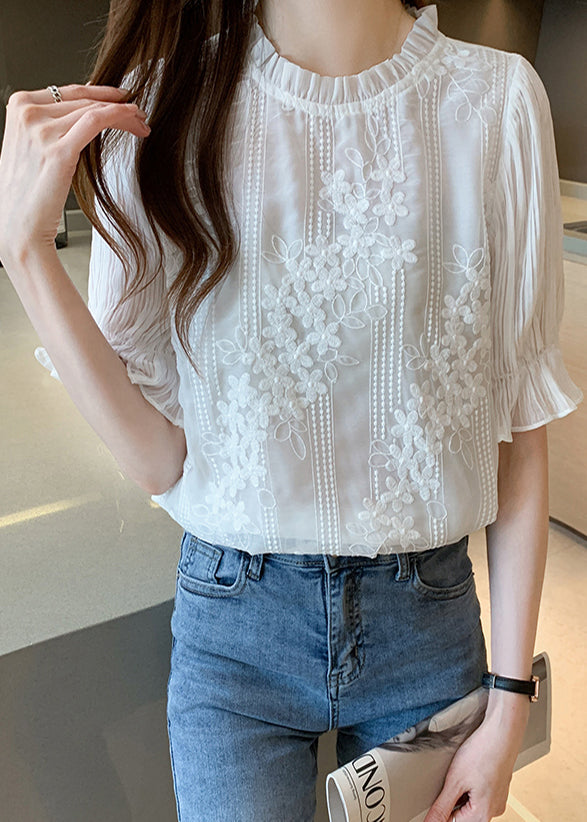 Shirts Chiffon White Bohemian Summer Embroidered Floral