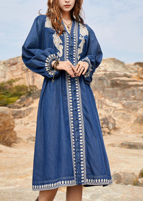 Women Navy V Neck Embroidered Patchwork Denim Maxi Dresses Spring NN022