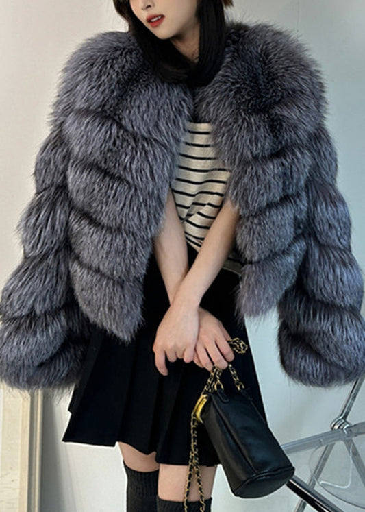 Grey Patchwork Leather And Fur Jacket Winter WV010