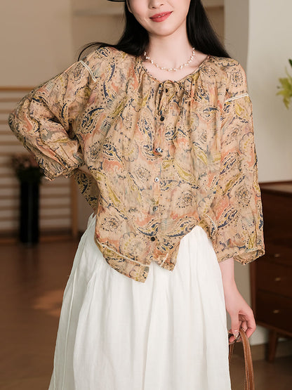 Women Summer Vintage Flower Button-Up Ramie Shirt RR1013