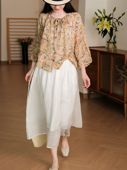 Women Summer Vintage Flower Button-Up Ramie Shirt RR1013