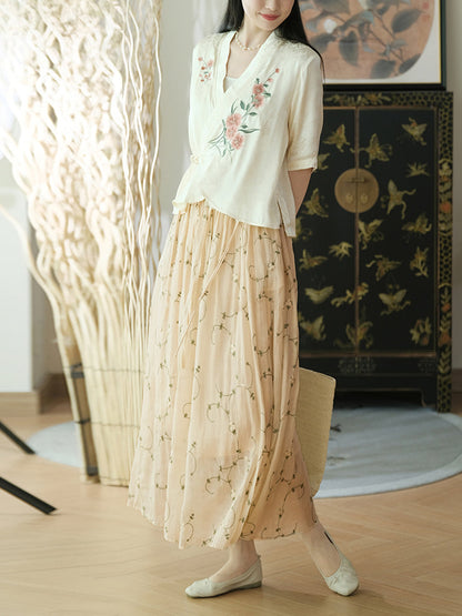 Women Summer Flower Thin Strap Linen Skirt RR1014